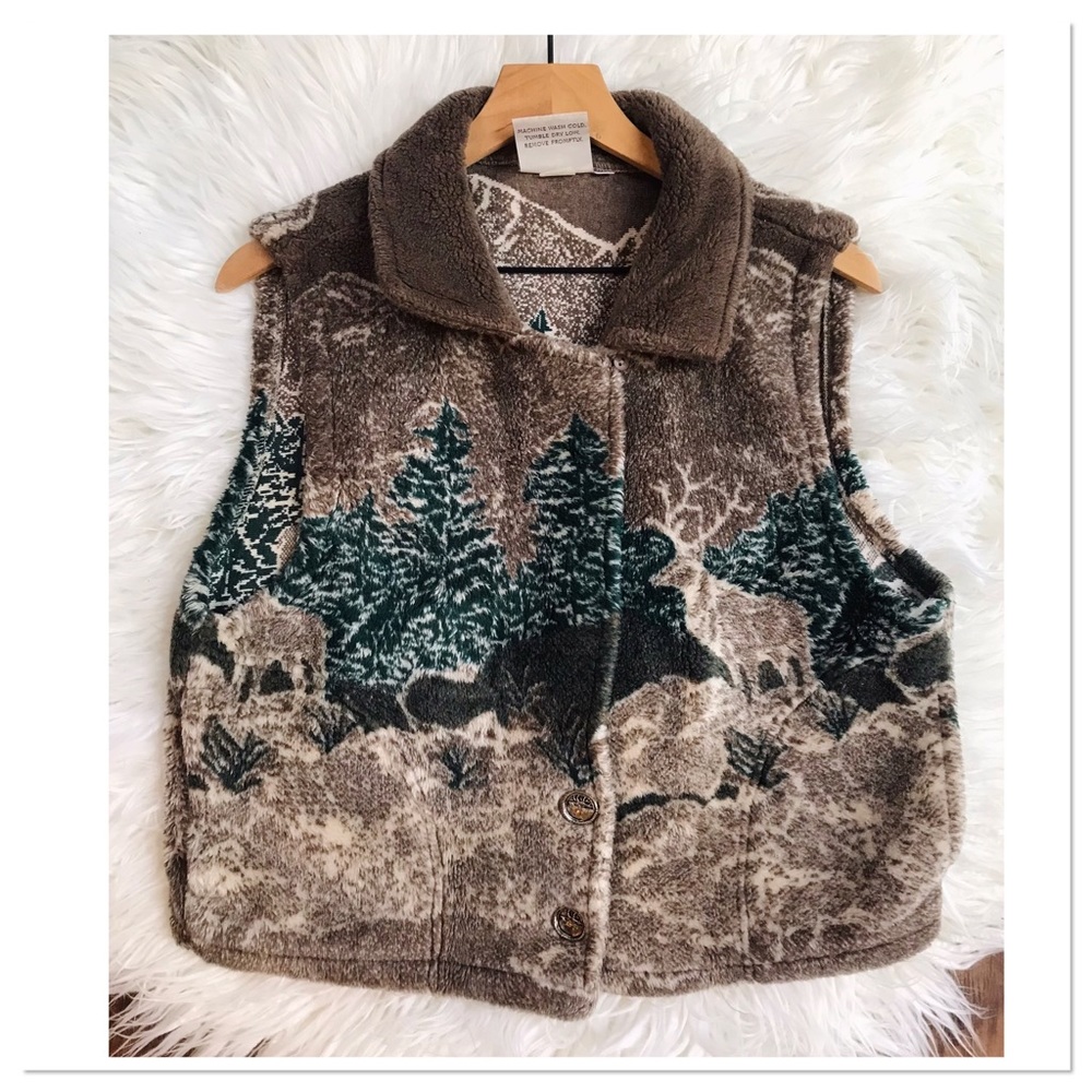 Pine Cone Designs Sherpa Vest Mountain Scene Brown Green Size Large